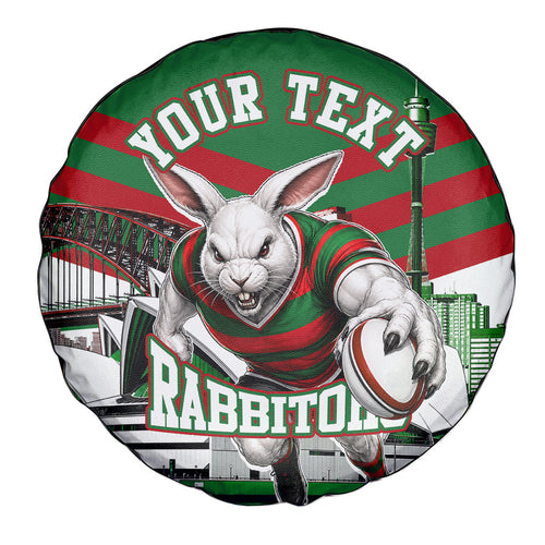 Personalized South Sydney Rabbitohs Rugby Spare Tire Cover Fierce Mascot And Sydney Skyline Graphic Art
