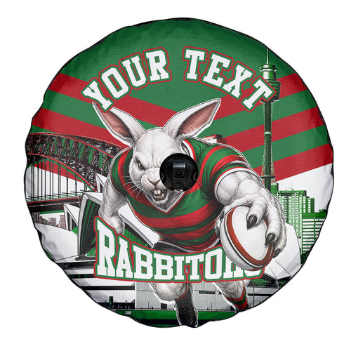 Personalized South Sydney Rabbitohs Rugby Spare Tire Cover Fierce Mascot And Sydney Skyline Graphic Art