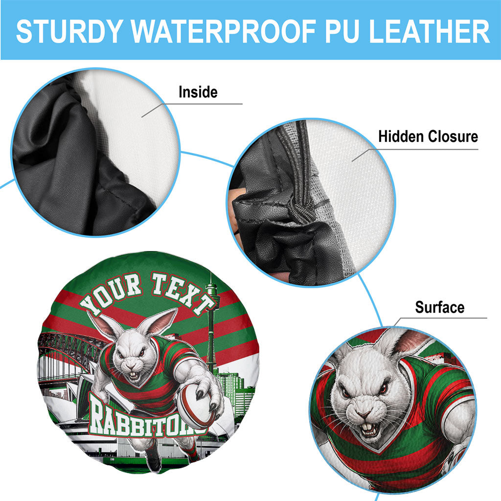 Personalized South Sydney Rabbitohs Rugby Spare Tire Cover Fierce Mascot And Sydney Skyline Graphic Art