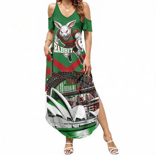 Personalized South Sydney Rabbitohs Rugby Summer Maxi Dress Fierce Mascot And Sydney Skyline Graphic Art