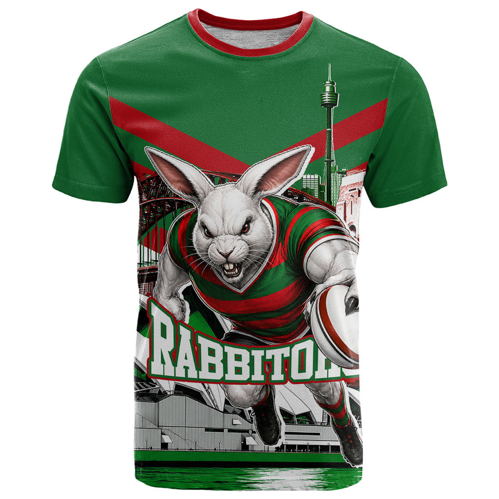 Personalized South Sydney Rabbitohs Rugby T Shirt Fierce Mascot And Sydney Skyline Graphic Art