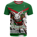 Personalized South Sydney Rabbitohs Rugby T Shirt Fierce Mascot And Sydney Skyline Graphic Art