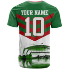 Personalized South Sydney Rabbitohs Rugby T Shirt Fierce Mascot And Sydney Skyline Graphic Art