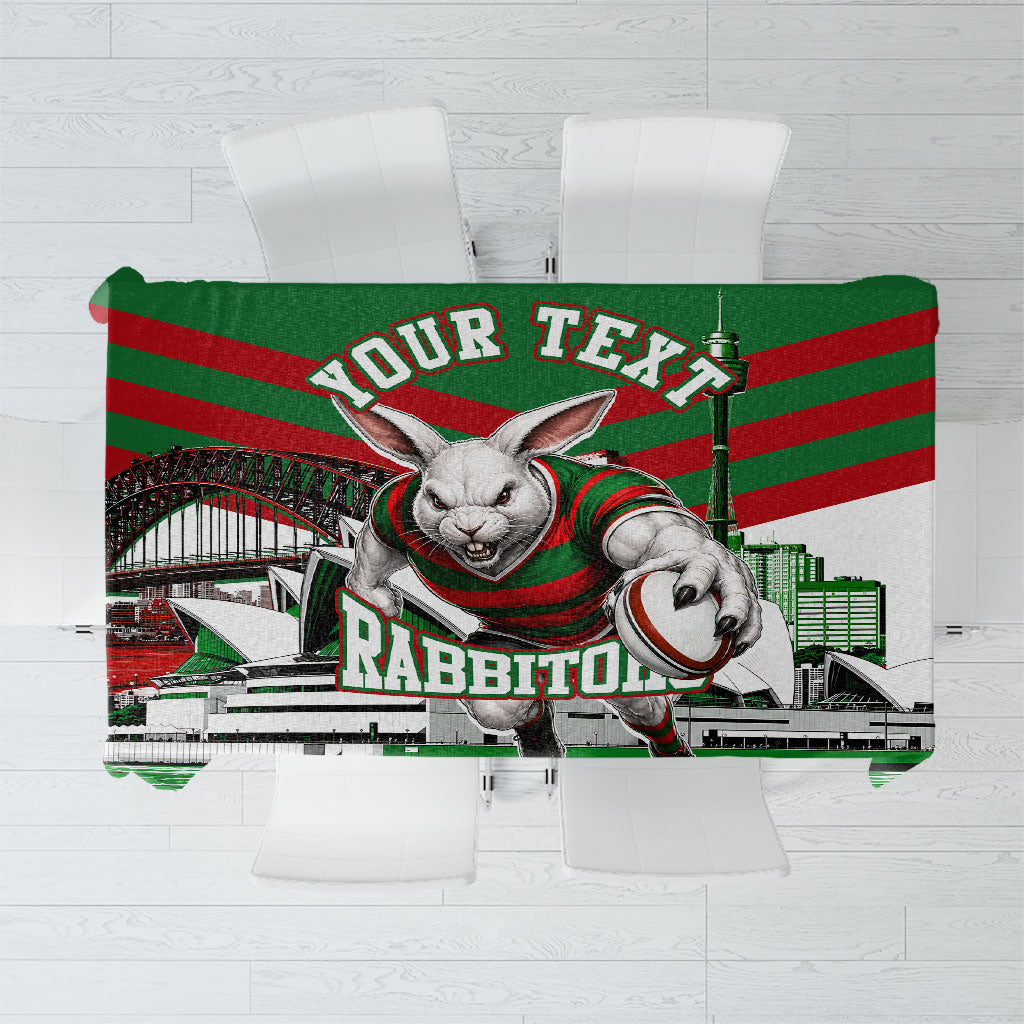Personalized South Sydney Rabbitohs Rugby Tablecloth Fierce Mascot And Sydney Skyline Graphic Art