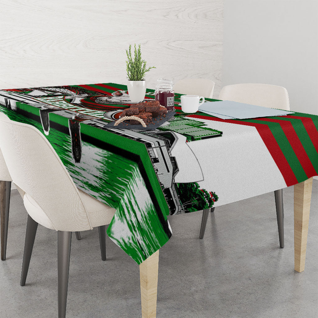 Personalized South Sydney Rabbitohs Rugby Tablecloth Fierce Mascot And Sydney Skyline Graphic Art