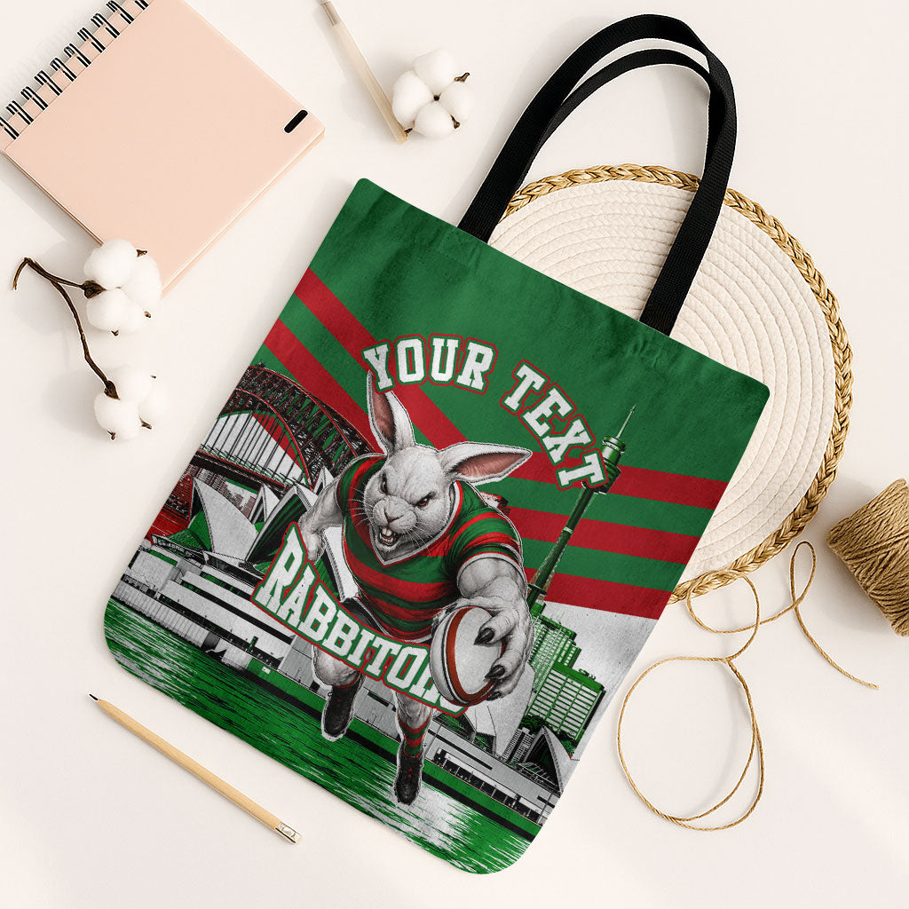 Personalized South Sydney Rabbitohs Rugby Tote Bag Fierce Mascot And Sydney Skyline Graphic Art
