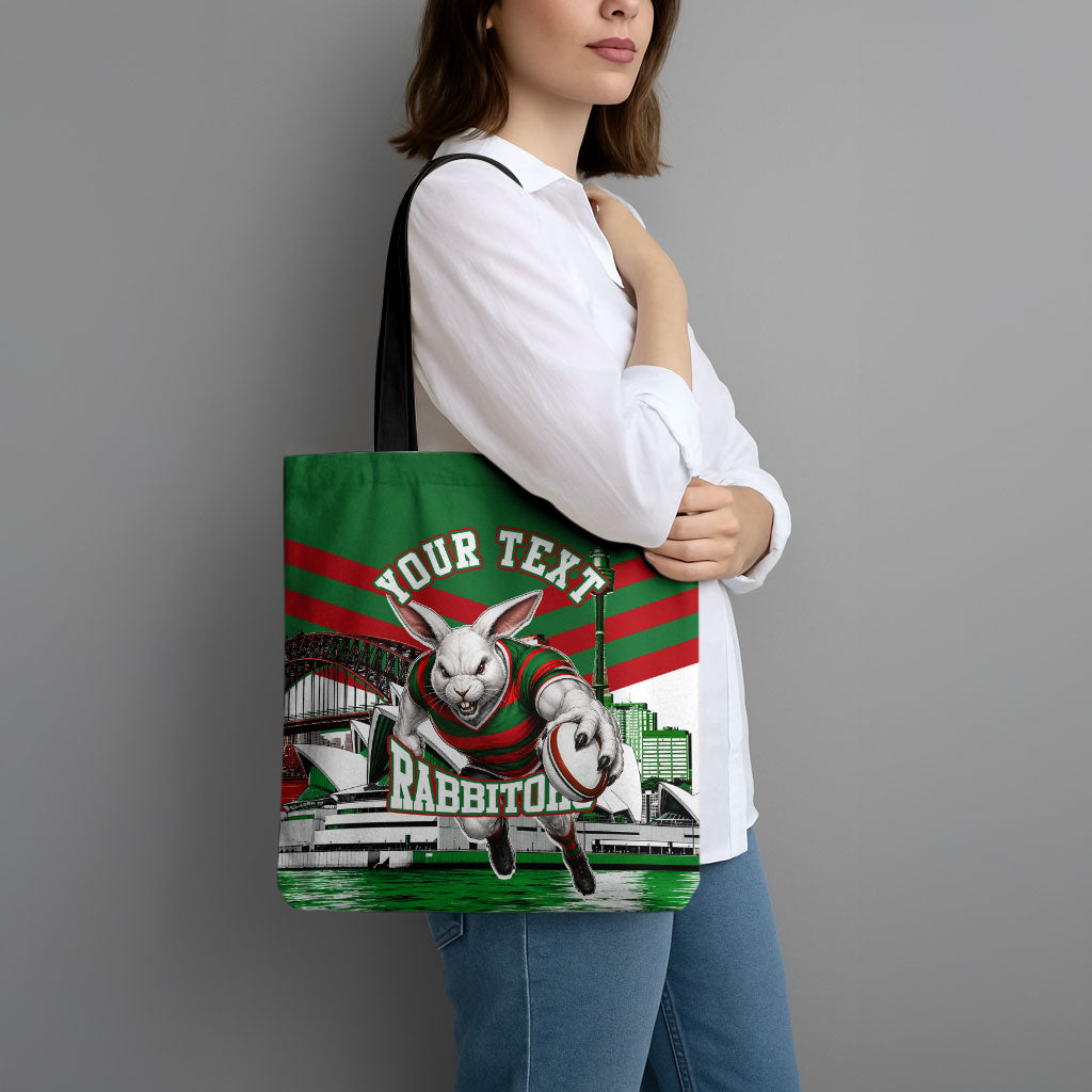 Personalized South Sydney Rabbitohs Rugby Tote Bag Fierce Mascot And Sydney Skyline Graphic Art