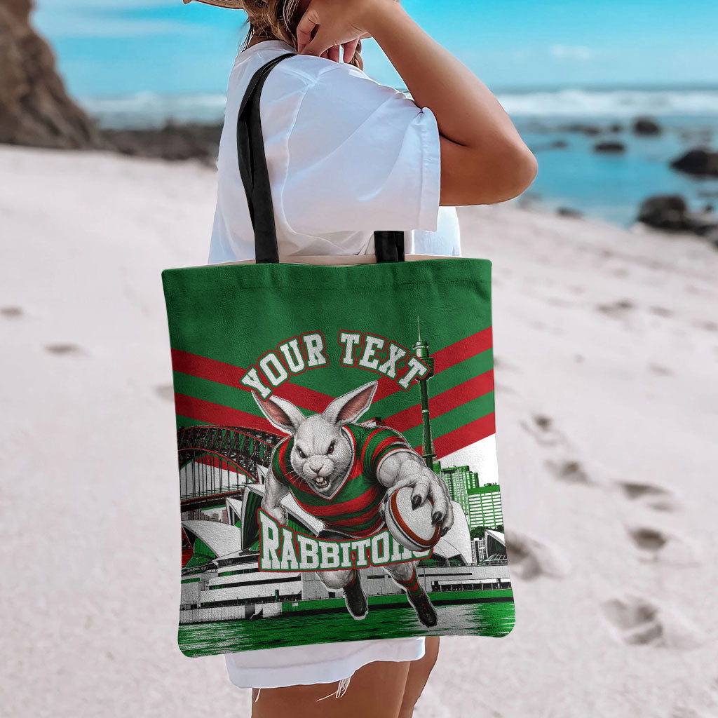 Personalized South Sydney Rabbitohs Rugby Tote Bag Fierce Mascot And Sydney Skyline Graphic Art