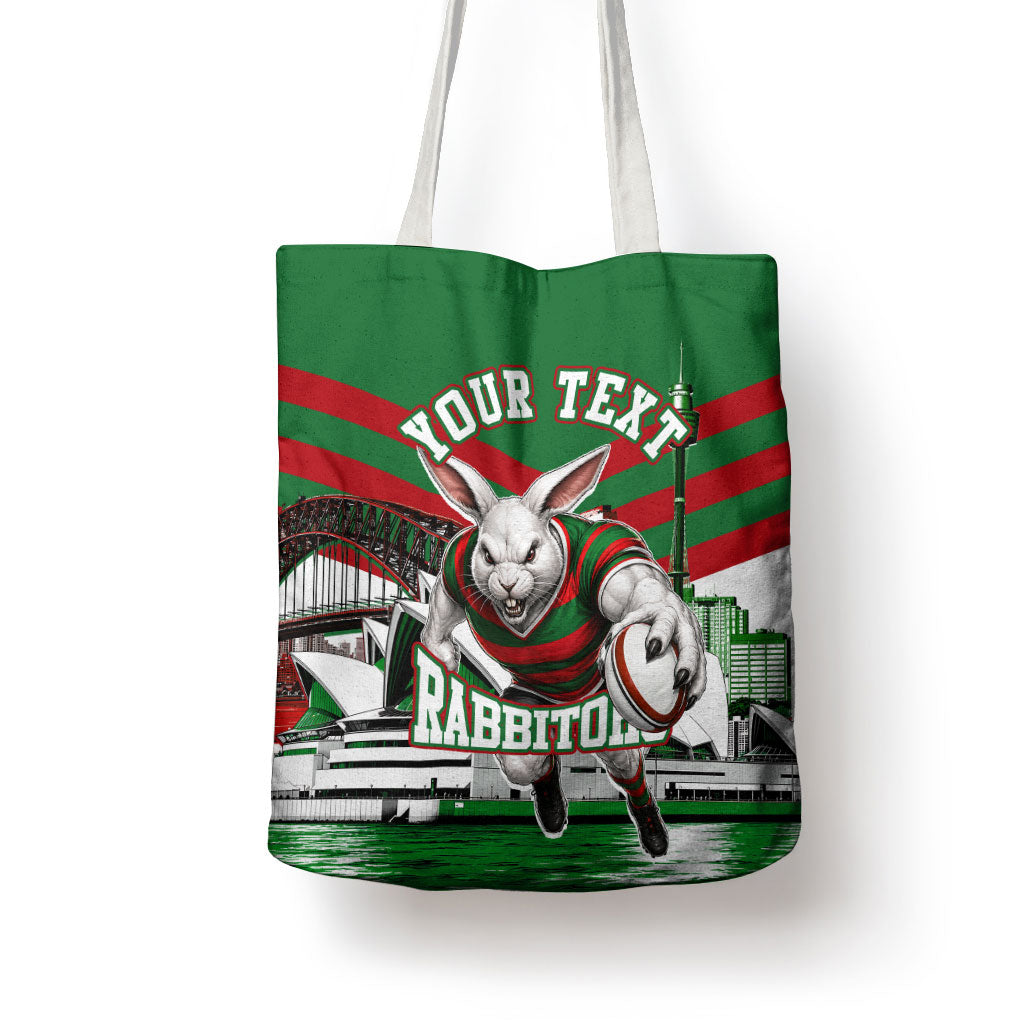 Personalized South Sydney Rabbitohs Rugby Tote Bag Fierce Mascot And Sydney Skyline Graphic Art
