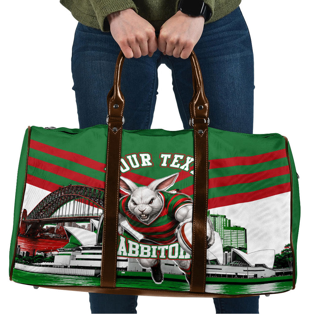 Personalized South Sydney Rabbitohs Rugby Travel Bag Fierce Mascot And Sydney Skyline Graphic Art