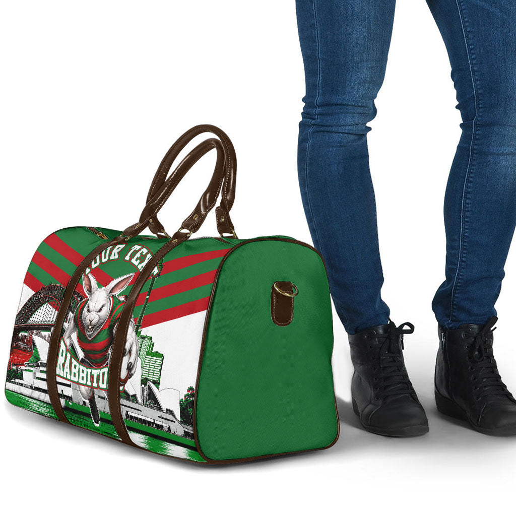 Personalized South Sydney Rabbitohs Rugby Travel Bag Fierce Mascot And Sydney Skyline Graphic Art