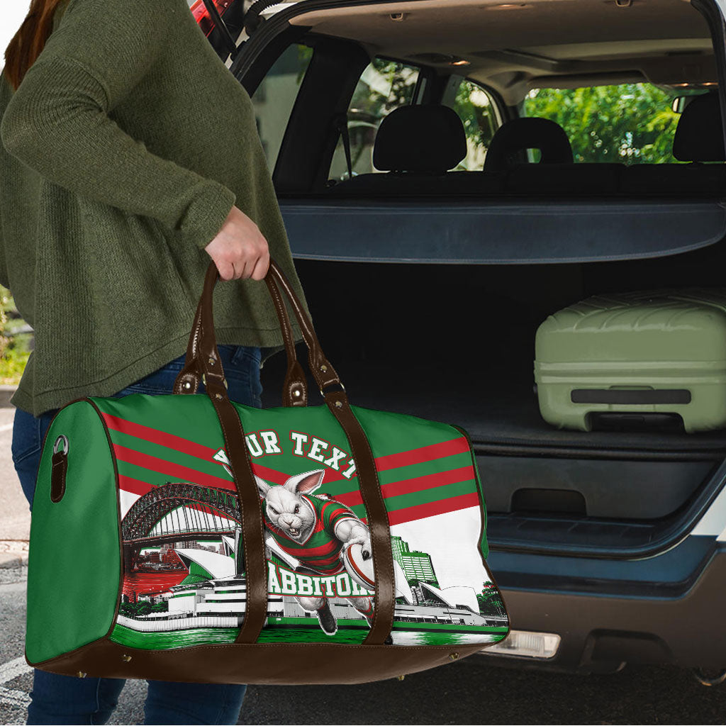 Personalized South Sydney Rabbitohs Rugby Travel Bag Fierce Mascot And Sydney Skyline Graphic Art