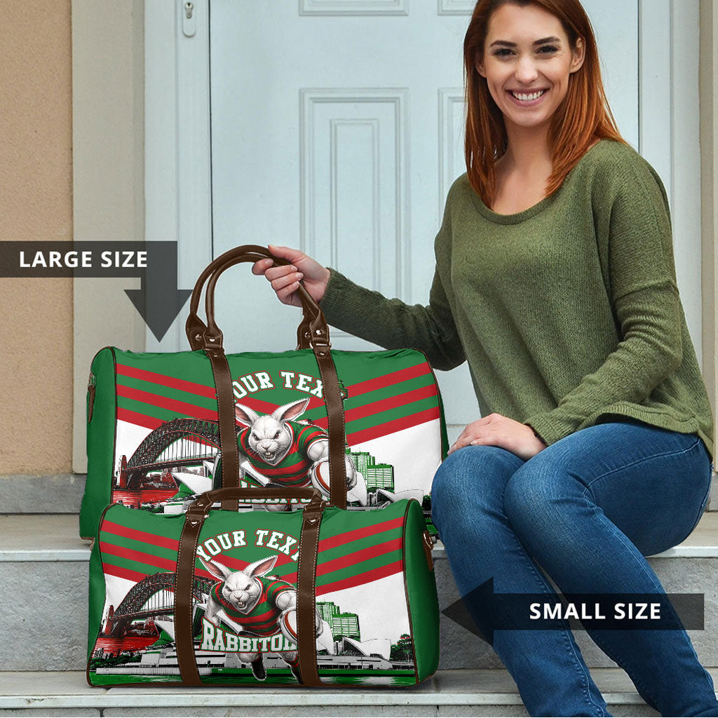 Personalized South Sydney Rabbitohs Rugby Travel Bag Fierce Mascot And Sydney Skyline Graphic Art