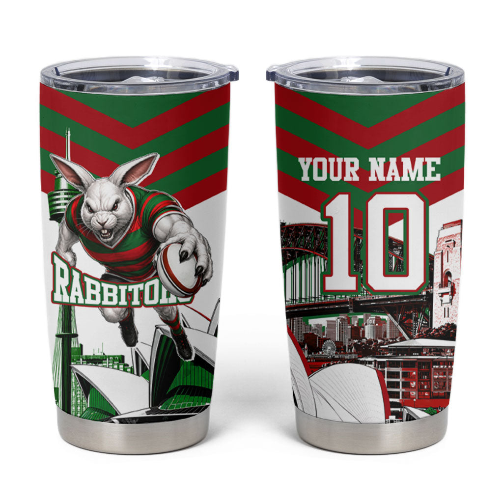 Personalized South Sydney Rabbitohs Rugby Tumbler Cup Fierce Mascot And Sydney Skyline Graphic Art