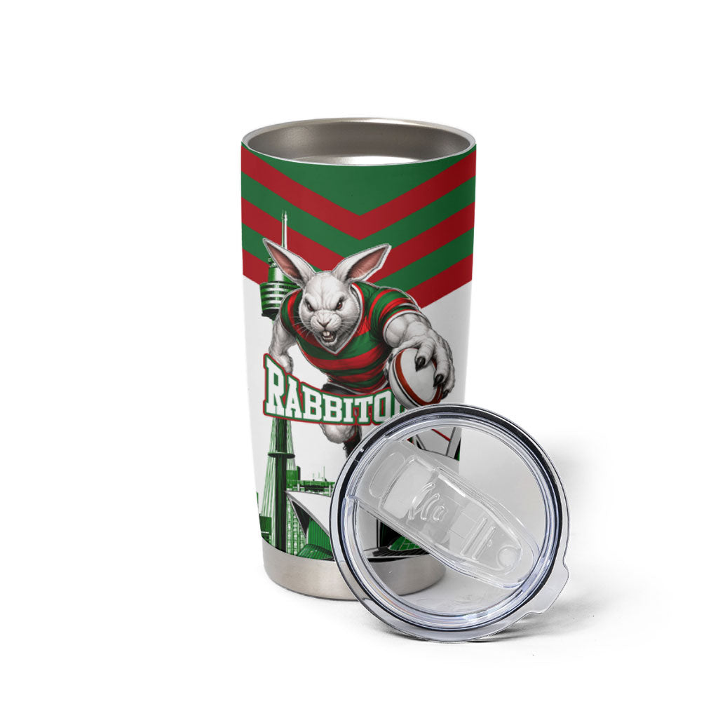 Personalized South Sydney Rabbitohs Rugby Tumbler Cup Fierce Mascot And Sydney Skyline Graphic Art