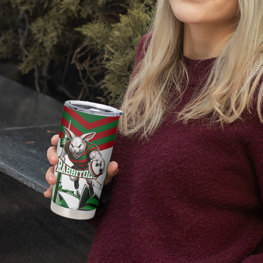 Personalized South Sydney Rabbitohs Rugby Tumbler Cup Fierce Mascot And Sydney Skyline Graphic Art