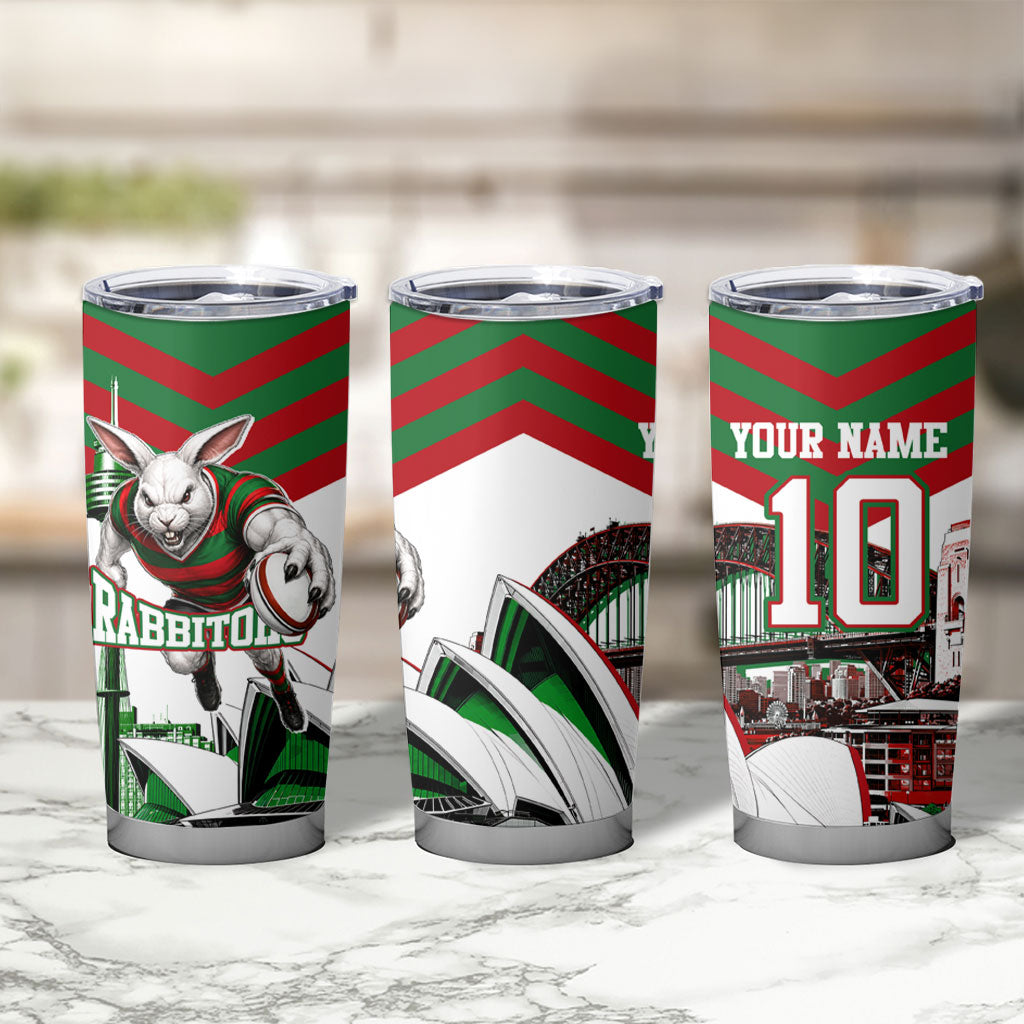 Personalized South Sydney Rabbitohs Rugby Tumbler Cup Fierce Mascot And Sydney Skyline Graphic Art