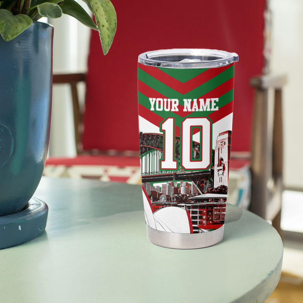 Personalized South Sydney Rabbitohs Rugby Tumbler Cup Fierce Mascot And Sydney Skyline Graphic Art