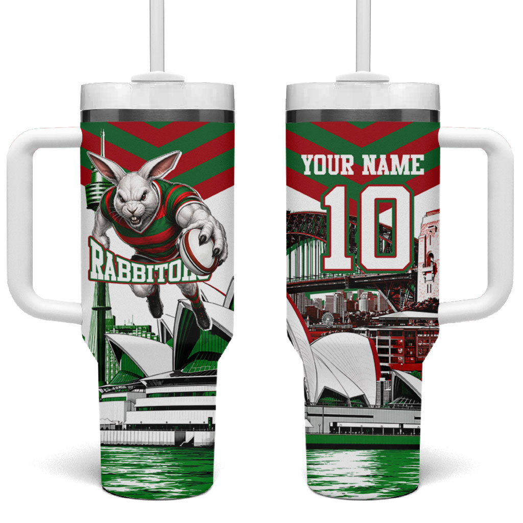 Personalized South Sydney Rabbitohs Rugby Tumbler With Handle Fierce Mascot And Sydney Skyline Graphic Art