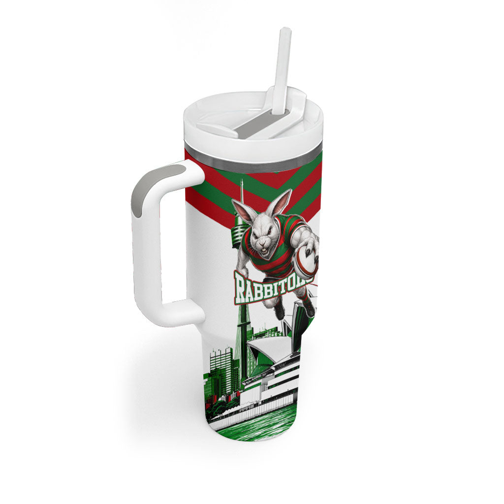 Personalized South Sydney Rabbitohs Rugby Tumbler With Handle Fierce Mascot And Sydney Skyline Graphic Art