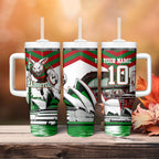 Personalized South Sydney Rabbitohs Rugby Tumbler With Handle Fierce Mascot And Sydney Skyline Graphic Art