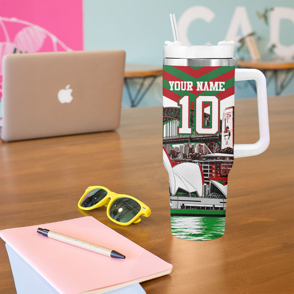 Personalized South Sydney Rabbitohs Rugby Tumbler With Handle Fierce Mascot And Sydney Skyline Graphic Art