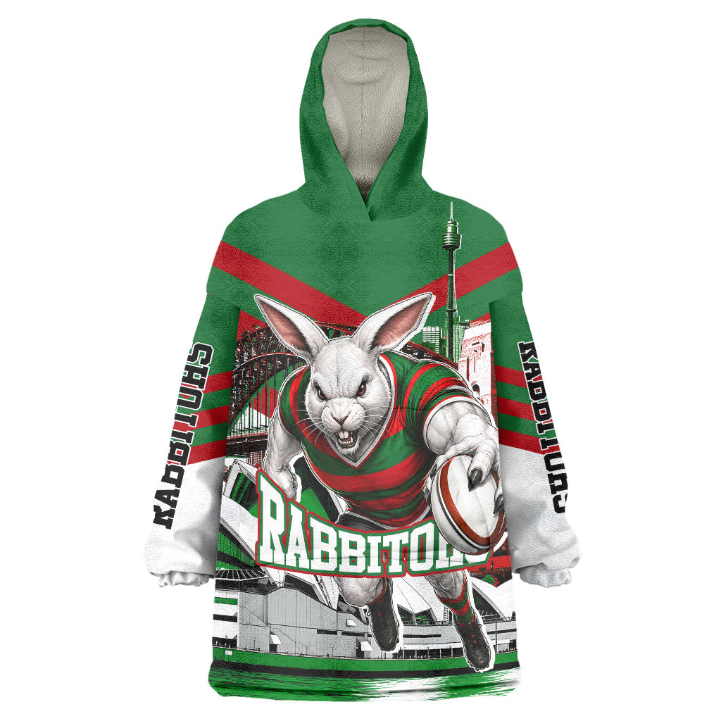 Personalized South Sydney Rabbitohs Rugby Wearable Blanket Hoodie Fierce Mascot And Sydney Skyline Graphic Art