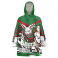 Personalized South Sydney Rabbitohs Rugby Wearable Blanket Hoodie Fierce Mascot And Sydney Skyline Graphic Art