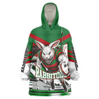 Personalized South Sydney Rabbitohs Rugby Wearable Blanket Hoodie Fierce Mascot And Sydney Skyline Graphic Art