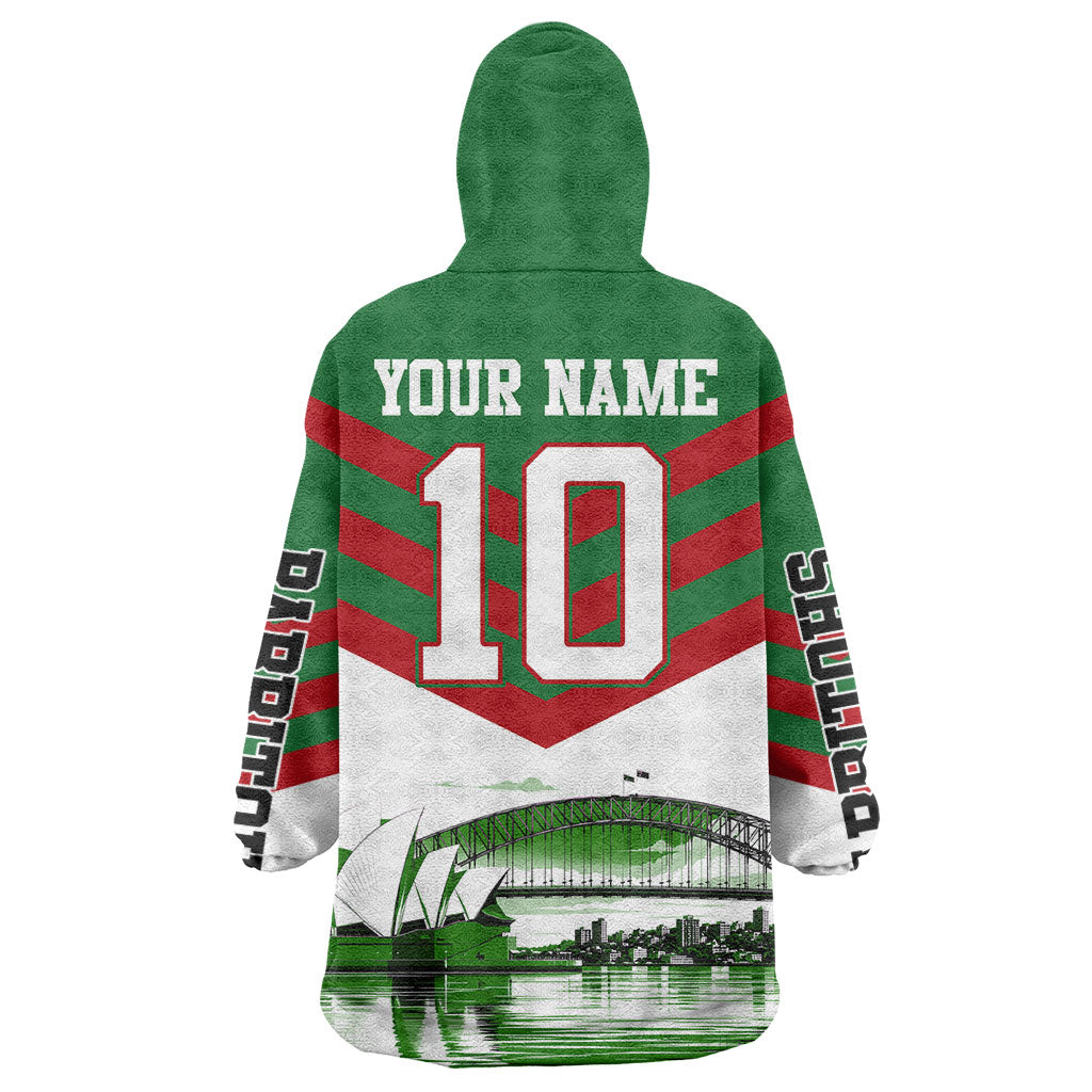 Personalized South Sydney Rabbitohs Rugby Wearable Blanket Hoodie Fierce Mascot And Sydney Skyline Graphic Art