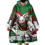 Personalized South Sydney Rabbitohs Rugby Wearable Blanket Hoodie Fierce Mascot And Sydney Skyline Graphic Art