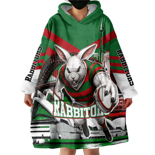 Personalized South Sydney Rabbitohs Rugby Wearable Blanket Hoodie Fierce Mascot And Sydney Skyline Graphic Art