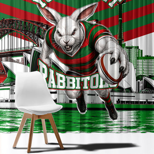 Personalized South Sydney Rabbitohs Rugby Window Curtain Fierce Mascot And Sydney Skyline Graphic Art