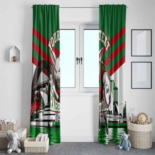 Personalized South Sydney Rabbitohs Rugby Window Curtain Fierce Mascot And Sydney Skyline Graphic Art
