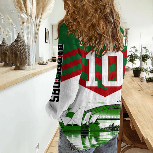 Personalized South Sydney Rabbitohs Rugby Women Casual Shirt Fierce Mascot And Sydney Skyline Graphic Art