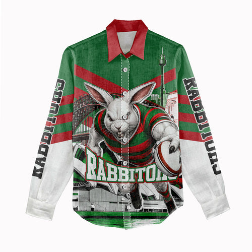Personalized South Sydney Rabbitohs Rugby Women Casual Shirt Fierce Mascot And Sydney Skyline Graphic Art
