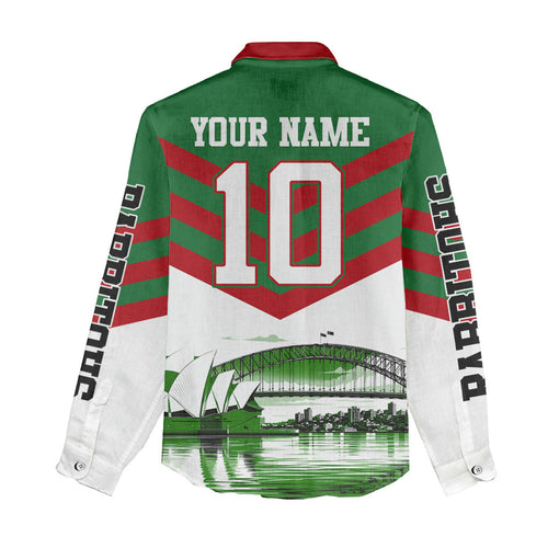 Personalized South Sydney Rabbitohs Rugby Women Casual Shirt Fierce Mascot And Sydney Skyline Graphic Art
