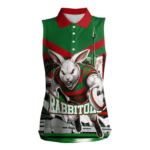 Personalized South Sydney Rabbitohs Rugby Women Sleeveless Polo Shirt Fierce Mascot And Sydney Skyline Graphic Art