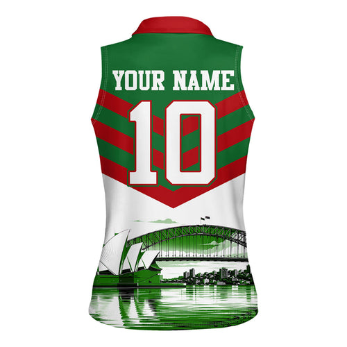 Personalized South Sydney Rabbitohs Rugby Women Sleeveless Polo Shirt Fierce Mascot And Sydney Skyline Graphic Art