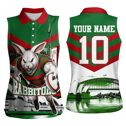 Personalized South Sydney Rabbitohs Rugby Women Sleeveless Polo Shirt Fierce Mascot And Sydney Skyline Graphic Art