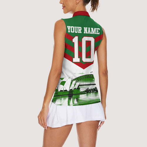 Personalized South Sydney Rabbitohs Rugby Women Sleeveless Polo Shirt Fierce Mascot And Sydney Skyline Graphic Art