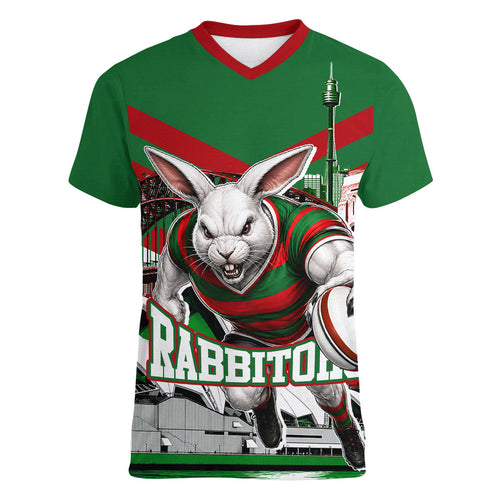 Personalized South Sydney Rabbitohs Rugby Women V-Neck T-Shirt Fierce Mascot And Sydney Skyline Graphic Art