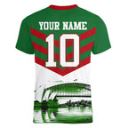 Personalized South Sydney Rabbitohs Rugby Women V-Neck T-Shirt Fierce Mascot And Sydney Skyline Graphic Art