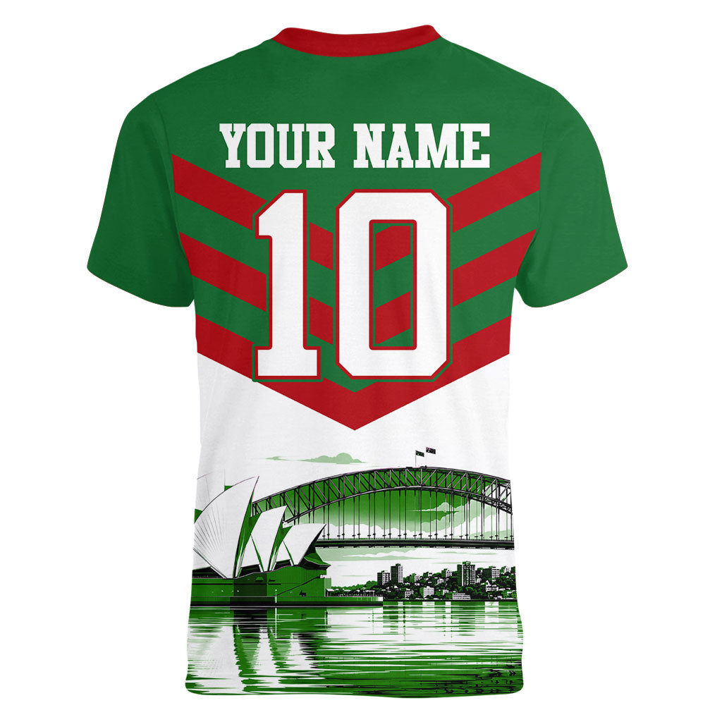 Personalized South Sydney Rabbitohs Rugby Women V-Neck T-Shirt Fierce Mascot And Sydney Skyline Graphic Art