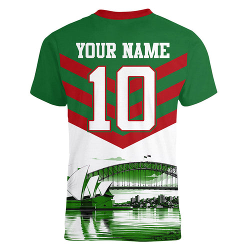 Personalized South Sydney Rabbitohs Rugby Women V-Neck T-Shirt Fierce Mascot And Sydney Skyline Graphic Art