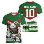 Personalized South Sydney Rabbitohs Rugby Women V-Neck T-Shirt Fierce Mascot And Sydney Skyline Graphic Art