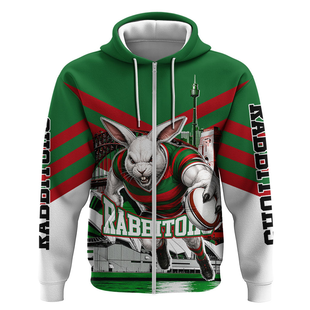 Personalized South Sydney Rabbitohs Rugby Zip Hoodie Fierce Mascot And Sydney Skyline Graphic Art