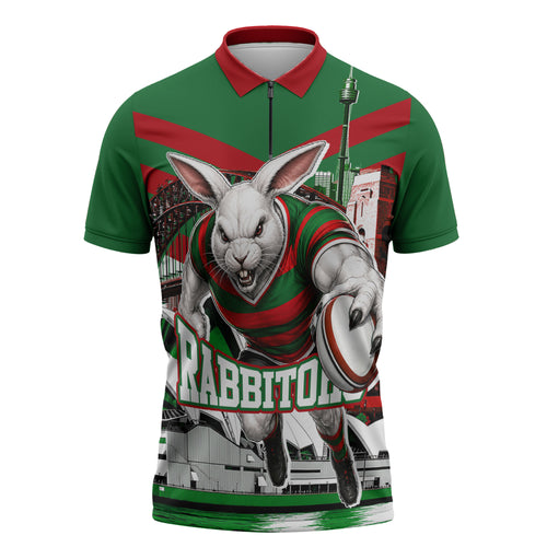 Personalized South Sydney Rabbitohs Rugby Zipper Polo Shirt Fierce Mascot And Sydney Skyline Graphic Art