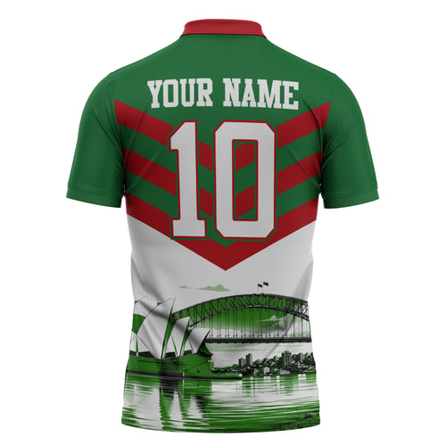 Personalized South Sydney Rabbitohs Rugby Zipper Polo Shirt Fierce Mascot And Sydney Skyline Graphic Art
