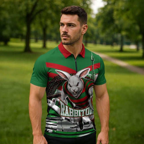 Personalized South Sydney Rabbitohs Rugby Zipper Polo Shirt Fierce Mascot And Sydney Skyline Graphic Art